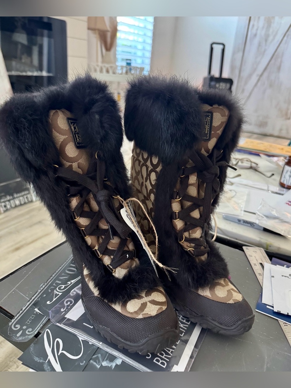 Authentic Coach Jennie Rabbit Fur Lace Up Snow Boots✨